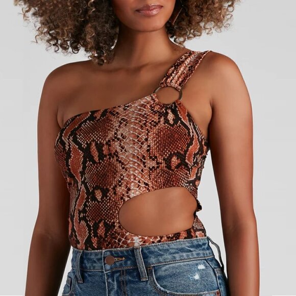 WINDSOR Disco Style One Shoulder Bodysuit Cutout Side in Rust Snake Color Size S - Picture 2 of 16
